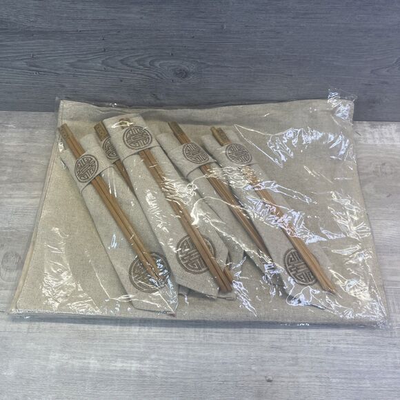 Asian Oriental Cloth 6 Place Mats Napkins Rings Chopsticks Holders - Picture 4 of 7